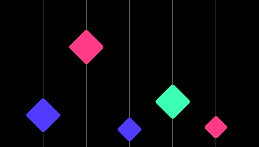 A collection of vibrant geometric shapes, specifically diamonds, distributed unevenly against a solid background, with fine lines suggesting a possible connection or pathway between the shapes, reflecting a modern, minimalistic design aesthetic. geometry, shapes, minimalistic, modern, design